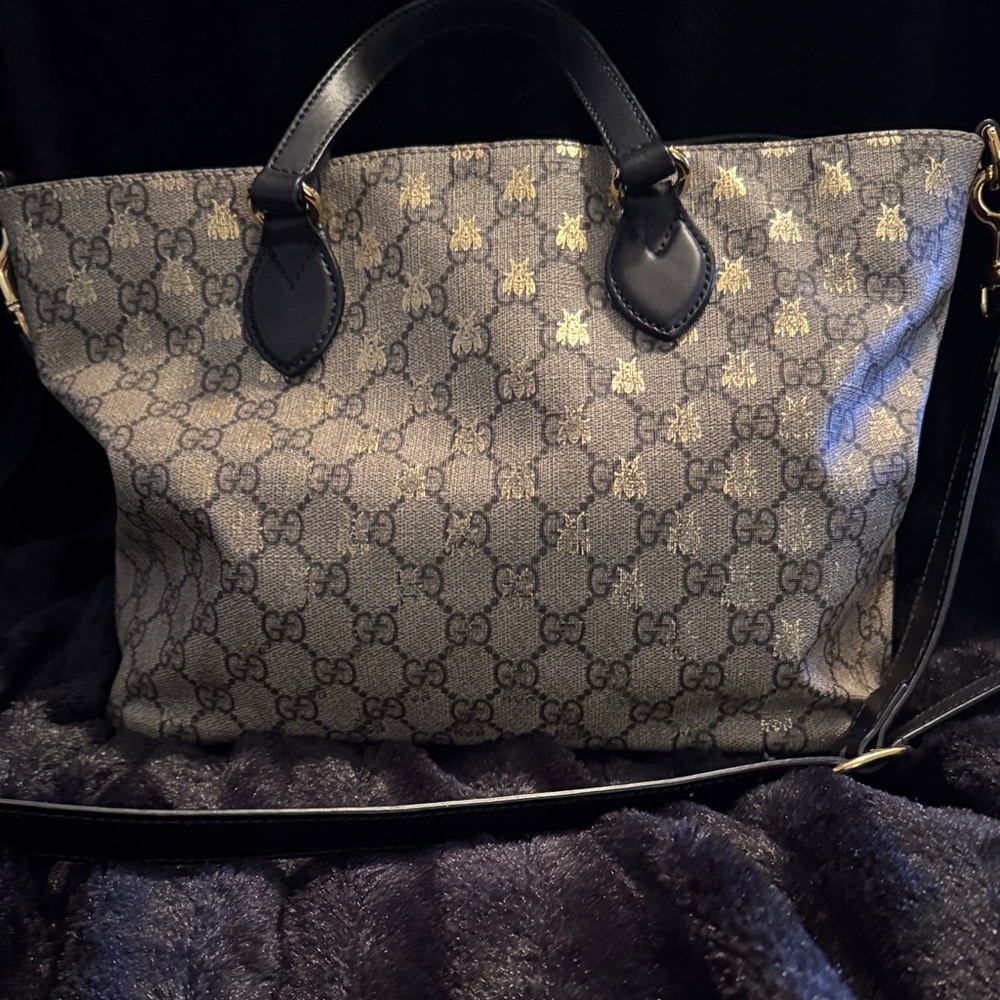 Gucci Black & Gold GG Bee Canvas Tote with Leather Handles